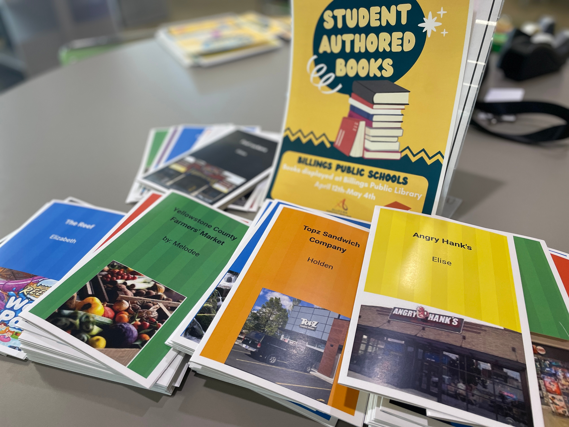 Student-authored books displayed at a public library exhibition