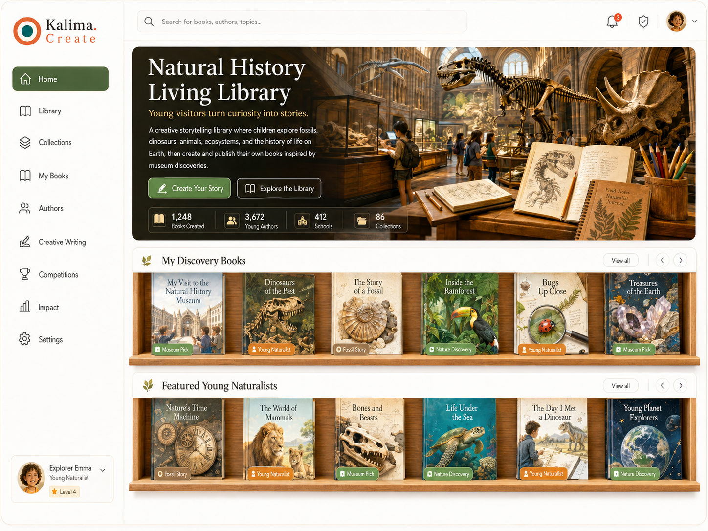 Kalima Create Natural History Living Library interface showing children's discovery books, young naturalist authors, and museum-created story collections.